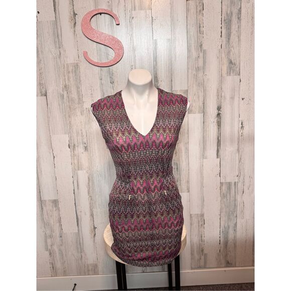 Ark & Co. Metallic Chevron Knit Bodycon Dress Small Pink Black Gold - Picture 2 of 10